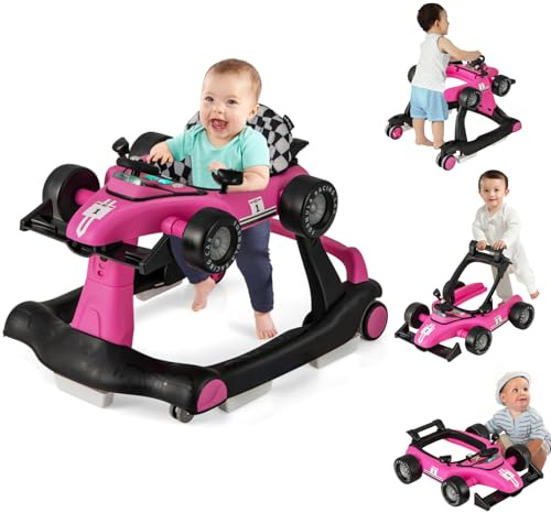 Maxmass Baby Walker, 4 in 1 Infant Sit-to-Stand Walker with Adjustable Height & Speed, Steering Wheels, Detachable Seat Cushion, Foldable Toddler Activity Walkers for Boy Girl 6-18 Months (Rose)