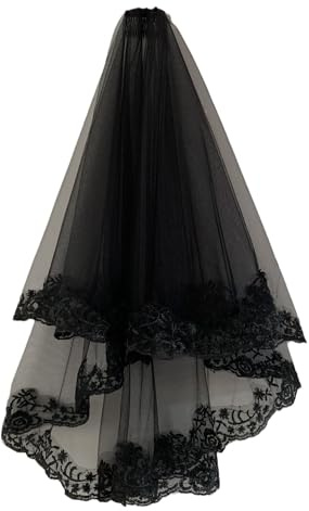 Funmo Schleier Braut, Brautschleier Schwarz Halloween Schleier Spitze Hexe Cosplay mit Kamm für JGA Junggesellinnenabschied Hochzeit Zubehör Schleier (Style B)