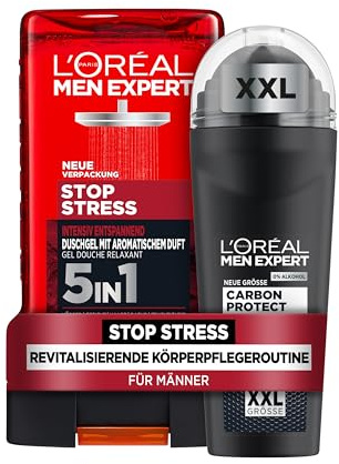 L'Oréal Men Expert revitalisierendes Körperpflegeset für Männer, Mit XXL Deoroller und Duschgel, Set für Herren mit aromatischem Duft und Karbon, Carbon Protect, Stop Stress, 2-teilig