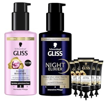 Gliss Glanz Booster Haarserum (100 ml) brillanter Glanz weiches & Night Elixier Ultimate Repair (100 ml) regeneriertes Haar über Nacht & SOS-Intensiv-Kur Ultimate Repair (5x 15 ml) mit Keratin