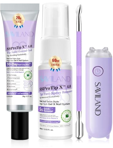 SAVILAND Festes Nagelkleber Gel & Nagelkleber Entferner Set: 30 Tage Lang Anhaltender Gel Nagelkleber 20g Starker Gelkleber für Nägel mit 60 ml Schnellem Press On Nagel Entferner & Mini Nagellampe
