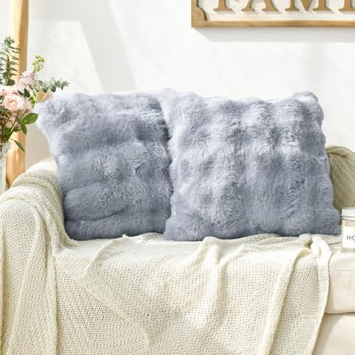 Artoid Mode Grau Super Weich Künstliche Pelz Blasen Puffy Kissenbezüge 2er Set, 40x40 cm Flauschig Plüsch Samt Zierkissenbezug Sofa Schlafzimmer Deko