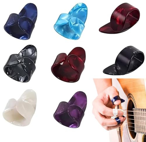 8PCS Guitar Finger Picks Set - 2 Thumb & 6 Finger Plectrums - Celluloid Accessories for Acoustic Guitar, Banjo, Bass, Ukulele, Harp (Assorted Colors)