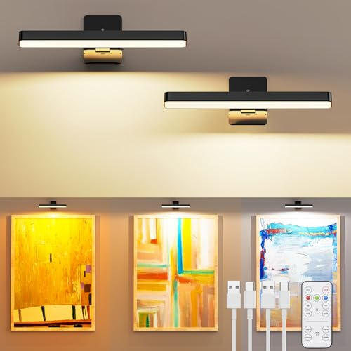 MOITA Picture Light for Wall, Battery Operated Wall Lights 2 Pack, Cordless Dart Board Lights with Remote, Rechargeable LED Sconces for Frames Mirror Museum Display Artwork Library Black