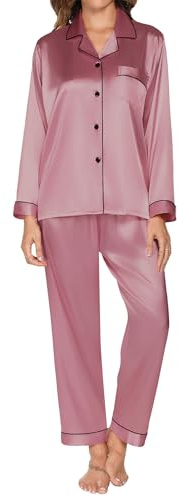 Reliwel Dampyjamas satin långärmad pyjamas set med knäppt satinpyjamas sidenpyjamas för kvinnor nattkläder alla årstider 2 delar, Mörkrosa, M