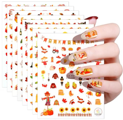 JSRQT 8 Blatt Nagelsticker Herbst Nagel Sticker Nagelsticker Selbstklebend Nail Sticker Art Nagelaufkleber Kürbis Ahornblatt 3D Fingernägel zum Aufkleben DIY Nagel Nageldesign Zubehör Dekoration