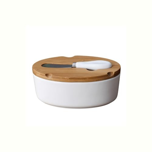 Mantequera Mantequillera Redonda de cerámica con Cuchara for Mantequilla, Ideal for el hogar y Utensilios de Cocina, Color Blanco. Contenedor de Mantequilla