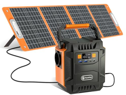 FlashFish 200W Estación de energía portátil con panel solar de 100 W, generador solar de 172,8 Wh con iluminación LED, batería para generador de energía de emergencia para camping, aventura