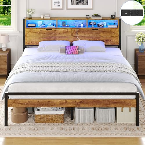 Brinlawb Cadre de Lit 180x200 avec Sommier Métal lit 2 Personnes avec Lumières LED et Multiprise (2 Prises AC, 1 Port USB-A, 1 USB-C) Lit 180x200 avec Rangement, Facile à Assembler, Marron Vintage