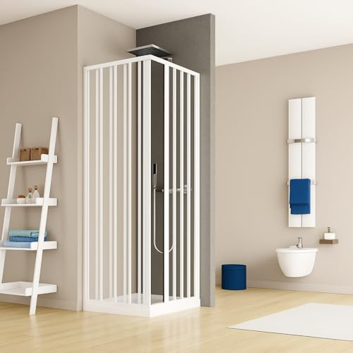 Box Doccia Angolare a Soffietto in PVC Carmen AC, 185 cm, Bianco, Apertura Centrale, 2 Ante Pieghevoli con Chiusura Magnetica (Bianco, 75x90 cm)