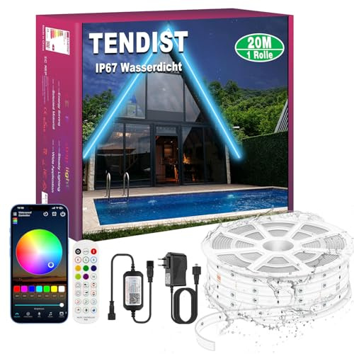 TENDIST 20M IP67 RGB LED Streifen Aussenbereich Wasserdicht, Bluetooth Outdoor LED Strip mit App, Remote und Music Sync, Lichtband Selbstklebend für Garten, Balkon, Terrasse, Festival (20M*1)