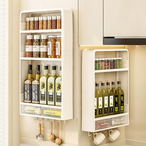 Hoiwio Spice Rack Kitchen Storage and Organisation - 3 Tier No Drilling Adhesive Wall Mounted Organiser Shelf with Drawers and Hooks for Countertop | Cupboard | Pantry, Seasoning Condiment Holder