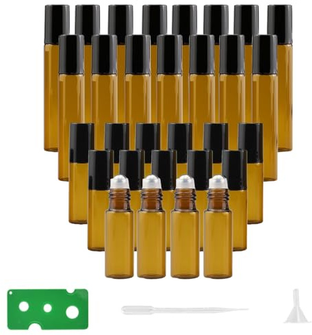MENUY 30 Pcs Roll on Aceites Esenciales, Botellas Rollon Cristal Rellenable, 10ml/5ml, Con Bola de Acero Inoxidable, Embudo, Abridor de Botellas y Pajita Para Masajes, Aromaterapia, Perfumería