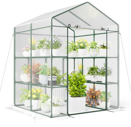 GYMAX Serra Portatile Mini, Serra da Esterno con 4 Ripiani, 8 Scaffali, Porta a Zip Arrotolabile, Pellicola in PVC Impermeabile, Serra Invernale per Piante in Vaso, Frutta, Verdura, Fiori (Verde-5)