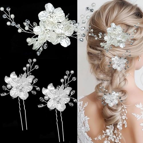 VelvetGlow 3 pièces Grandes fleurs Épingles à cheveux mariage bride épingles à cheveux cristal perle pince à cheveux ornement capillaire bijoux avec strass, embossage scintillant fleur blanche