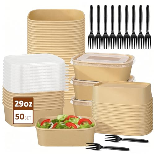 50Pcs Kraft Food Container with Lids, for Takeaway Hot/Cold Food, 500ml | Rectangular Meal Prep Containers, Kraft Paper Salad Bowl, Oil and Water Resistant, Microwave Freezer Safe