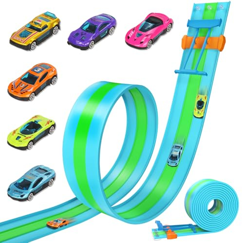 Flexible Car Racing Track 4.5M, Triple Lanes Race Track Toy for Kids | Speed Track with 6 Plastic Cars, Suction Cup Design for Loops Jumps Ramps, Birthday Present for Boys Girls Age 3 4 5 6 7 8