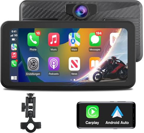 Junsun Motorrad-Navigationssystem mit CarPlay Android Auto mit 6.25 Screen | IP67, wasserdicht integrierter DVR-Frontkamera, Bluetooth und SD-Kartensteckplatz, mit Rückfahrkamera und Reifendruck