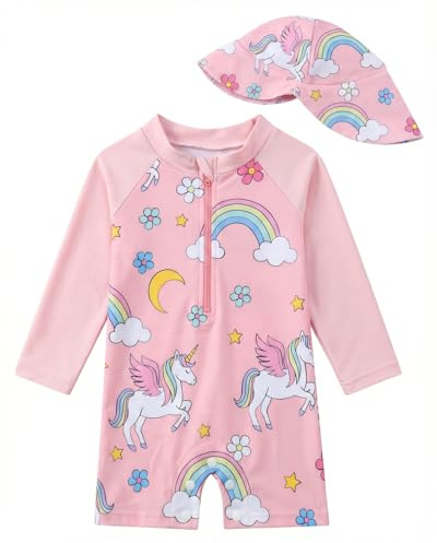 JiAmy Traje de baño para niños pequeños niñas bebé ropa UV niños protección traje de baño de una pieza traje de baño ropa de protección con sombrero para el sol, 18-24 meses