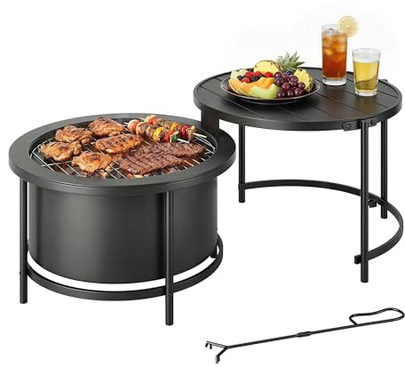 Outsunny Brasero 2 en 1 - 66 x 63 x 41 cm - Rond - Avec grille de cuisson - Tisonnier - Couvercle - Support - Table d'appoint - Panier à feu pour jardin, balcon, terrasse, barbecue extérieur, camping