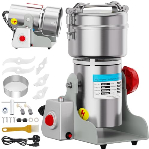 800g Electric Grain Grinder, 2400W High-Speed Spice Mill, 28000RPM, 6-Blade Stainless Steel, 20S Superfine Grinding, 5-Min Timer, Overload Protection for Coffee, Nuts, Grains and More