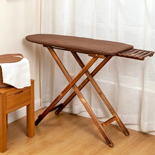 Tabla de Planchar Plegable de Madera, Soporte Hierro Ajustable en 3 Alturas con Almohadilla de algodón y Cubierta de Lona,Bandeja de Hierro extraíble,artesanía con Juntas de Espiga para Uso Dom Brown