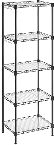 SONGMICS Küchenregal, Metallregale, 5-stöckiges Drahtregal mit 8 Haken, schmales Lagerregal mit PP-Regaleinlagen, höhenverstellbar, für Badezimmer, Speisekammer, Schwarz ULGR115B01