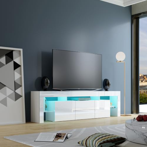 TV Stand Unit Cabinet with LED Lights & High Gloss White Finish for 70 Inch TV,200CM Entertainment Unit with 2 Drawers & 2 Doors for Living Room Storage Furniture (200x35x53cm)