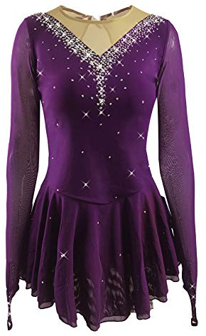 LIUHUO Girls' Ice Figure Skating Dress Stretch Mesh Diamond Hook Sleeves Four Colors Purple