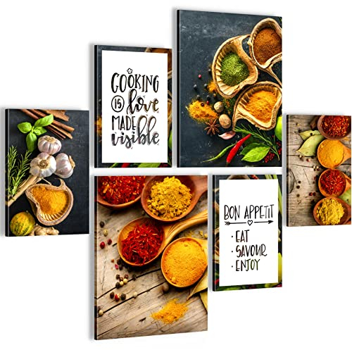 Novart Wandbilder Set Küche Gewürze - KEIN EXTRA RAHMEN BENÖTIGT - Modern Deko - Esszimmer Küchenbilder N000463a