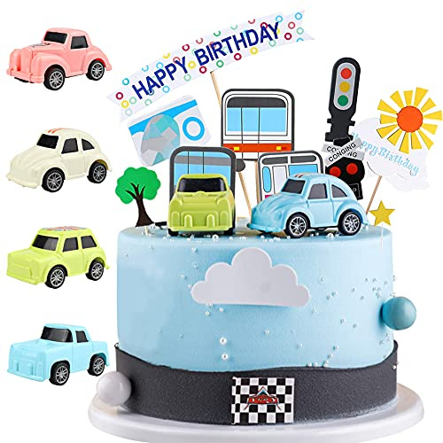 MEZHEN Bil Tårtdekoration Byggfordon Happy Birthday Födelsedag Pojke Trafikskyltar Cupcake Topper 33 Stycken