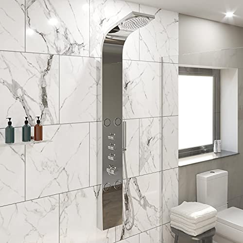 Architeckt® Thermostatic Shower Tower Column Panel, Three Function 3-in1 System with Rainfall Head Handset 4 Body Jets Showers Curved, Polished Chrome