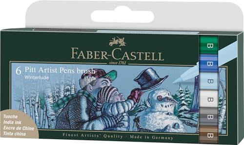 Faber-Castell - Tuschestifte Pitt Artist Pen Winterlude, 6 Farben | Wasserfeste und lichtbeständige Zeichentusche, Pinselstifte für winterliche Illustrationen