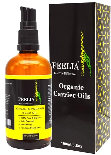 Feelia - Olio di semi di zucca biologico - Spremuto a freddo, ricco di antiossidanti, vitamine A & C, nutriente, per acne Pro pelle, 100% puro e organico