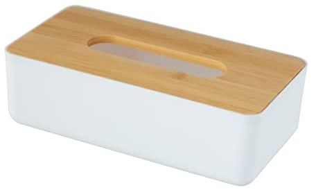WENKO Kosmetiktuchbox Rotello, Box für Kosmetiktücher oder Taschentücher, Kunststoffbox mit Deckel aus Bambus, leichte Entnahme, zum Verstauen handelsüblicher Pappboxen, 24 x 7,5 x 12,7 cm, Weiß/Natur