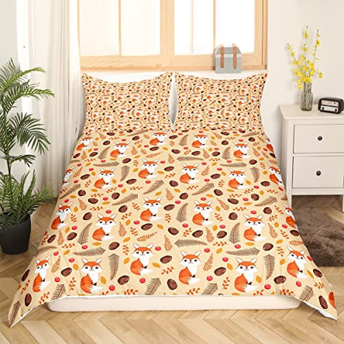 Kinder Süßes Tier Bettwäsche 135 x 200 Kawaii Fuchs Bettwäsche-Set für Mädchen Jungen Braun Tannenzapfen Bettbezug Herbst Blätter Bettwäsche-Set Karikatur Stil Bettbezug Atmungsaktiv Weich,2 Stück