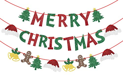 Feliz Navidad Banner Hermosa Bandera Colgante Banner de Bandera de Tirar con Texto en Inglés Merry Christmas para Decoración de Fiesta de Navidad 3 Piezas