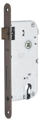 Serratura da incasso a cilindro europeo 90mm x 50mm, doppia mandata, reversibile, piastra tonda, richiamo 1/2 giro, bronzo - THIRARD