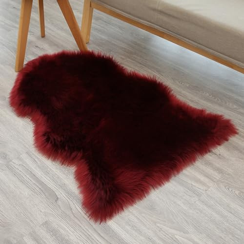 CHUYIX Tappeto in pelliccia sintetica morbido, antiscivolo, rotondo, in pelliccia di agnello, per camera da letto, soggiorno, vino rosso, 45 x 65 cm
