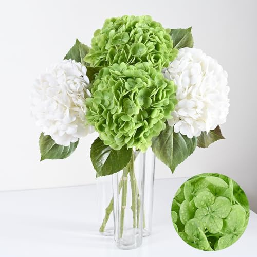 Artflower 4 st vita och gröna äkta beröring hortensia konstgjorda blommor, 56 cm (22,5 tum) konstgjord hel latex hortensia blommor för heminredning blomsterarrangemang bröllopsbuketter köksbord