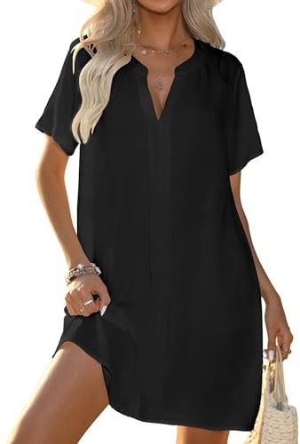 Halife Womens Bathing Suit Cover Ups Bikini Swimsuit Coverup Short Sleeve V Neck Beach Dress Shirt Black XL
