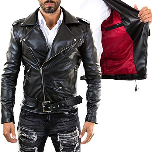 Chiodo Biker In Vera Pelle Blu Uomo Slim Interno Rosso Rindway, XL, Trapunta (Autunno-Inverno), Nero