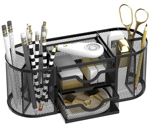 SUPEASY Mesh Desk Organizer, Desk Organizers and Accessories, Pen Holder with Drawers, Pencil Holder for Desk with 2 Drawer for Office Supplies, Black