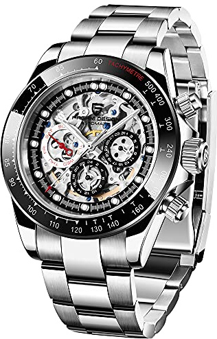 TYBERLEY Lusso Uomo Orologio Meccanico Automatico Gioiello Arcobaleno Lunetta Scheletro Quadrante Acciaio inossidabile 100M Impermeabile Luminoso Orologi Cronografo Sportivo Multifunzionale