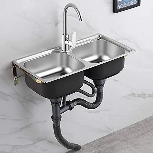 CLRAWSHB Edelstahl-Doppelwaschbecken, Handwaschbecken zur Wandmontage mit Schwanenhalshahn, für Küchenwäsche, Hinterhofgaragen