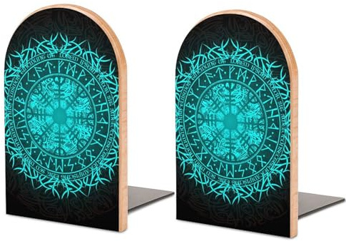 Buchstützen aus Holz, rutschfeste Buchstützen für Bücher und Filme, Bue Circle Viking Vegvisir Runenkompass Buchstopper für Zuhause, Büro und Bibliothek