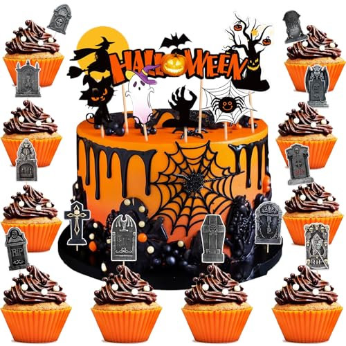 26 Stück Halloween Cupcake Topper,Halloween Cupcake Topper,Tortendeko Cupcake Toppers für Gespenst Zauberer Hexe Thema Kuchendekoration Geburtstag Party
