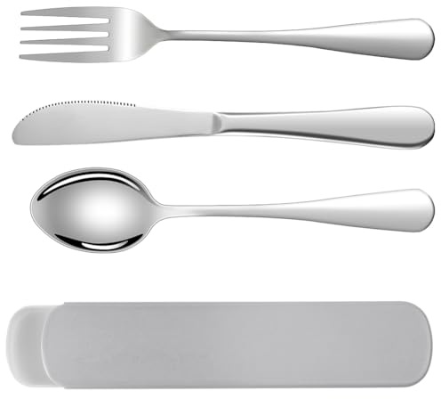 HOTUT rostfritt stål campingbestick för resor, 3 st kniv gaffel sked resebestick, Camping bestickset med låda, bärbart bestickset i rostfritt stål, för vandring, resor, picknick, kontor, skola (grå)