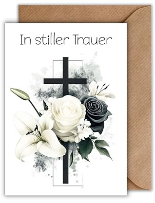 Trauer Karte mit Umschlag - Gedenkkarte In stiller Trauer Schwarzes Kreuz und Blumenstraus aus schwarzer Rose und weißer Rose und Lilie Aquarell Beileidskarte Trauerfeier Anteilnahme (DIN A6)