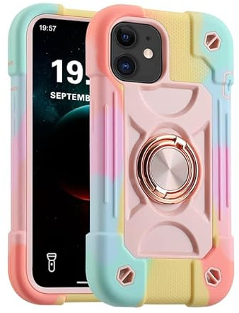 Gunroc for iPhone 14 Case with 360°Rotate Ring Stand, Military Grade Drop Shockproof, Full Body Protection, Heavy Duty, 3-Layer Protective Cover Case for iPhone 14 Pink